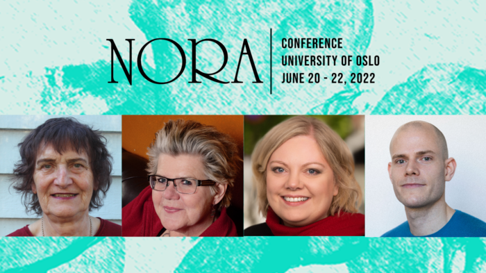 Collage of pictures of keynote speakers against abstract background