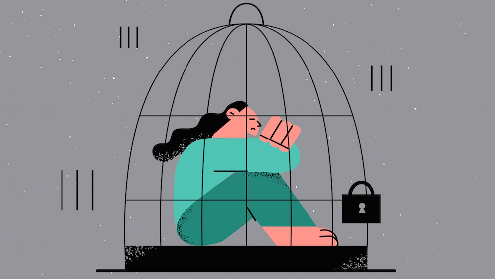 Illustration of woman in locked cage