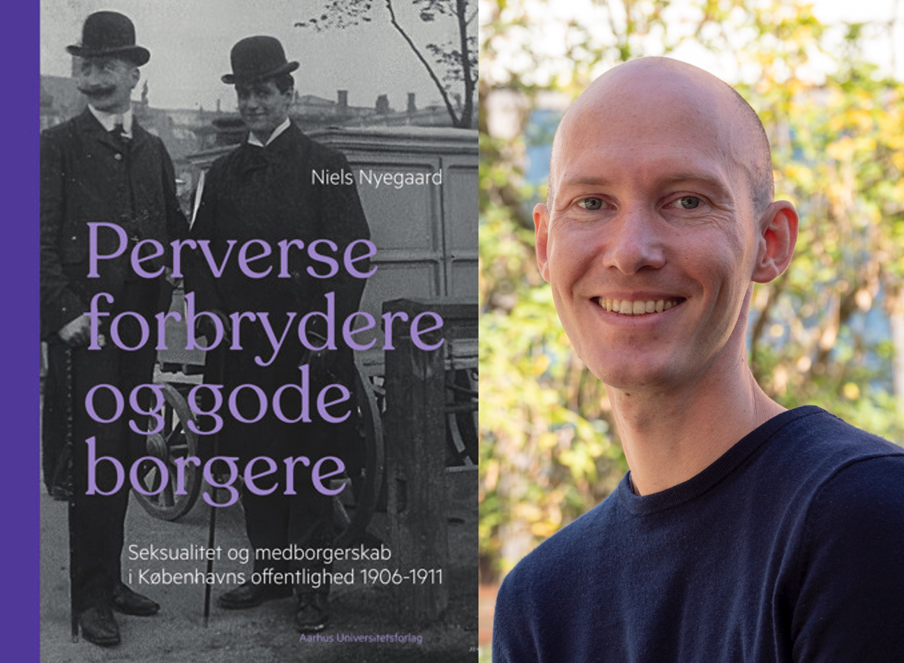 Niels Nyegaard (til høyre) og bokcoveret. Foto: UiO/Aarhus Universitetsforlag