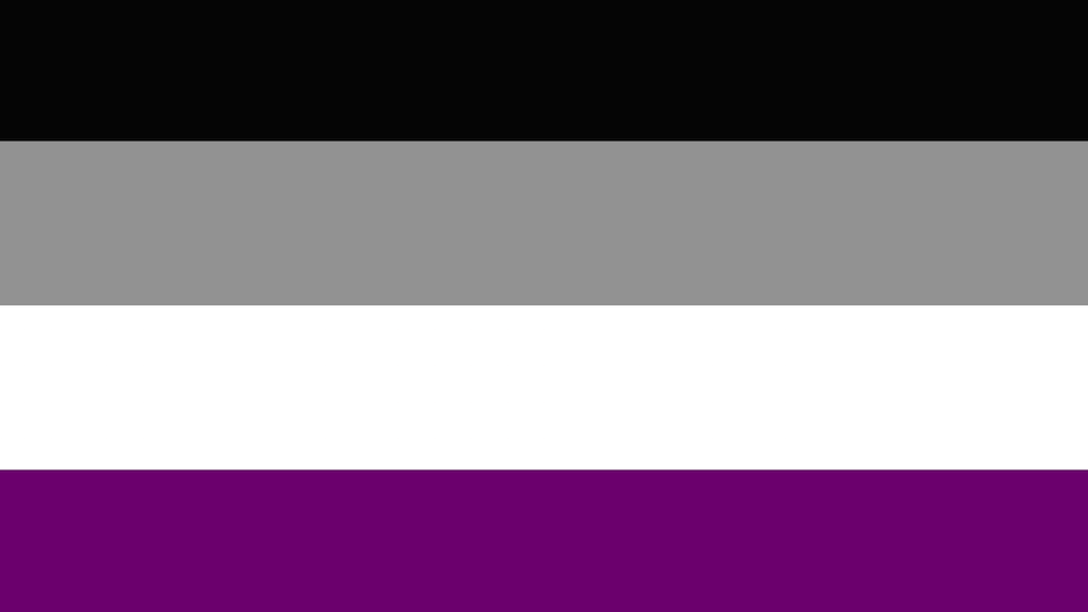 Det aseksuelle flagget i svart, grått, hvitt og lilla